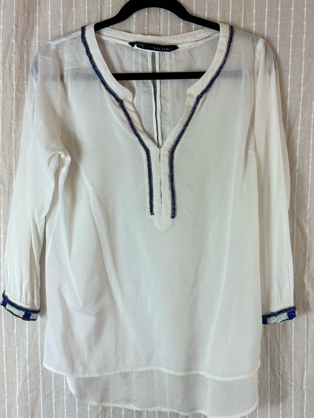 Zara White Cotton Tunic With Beaded Trim in Size Medium